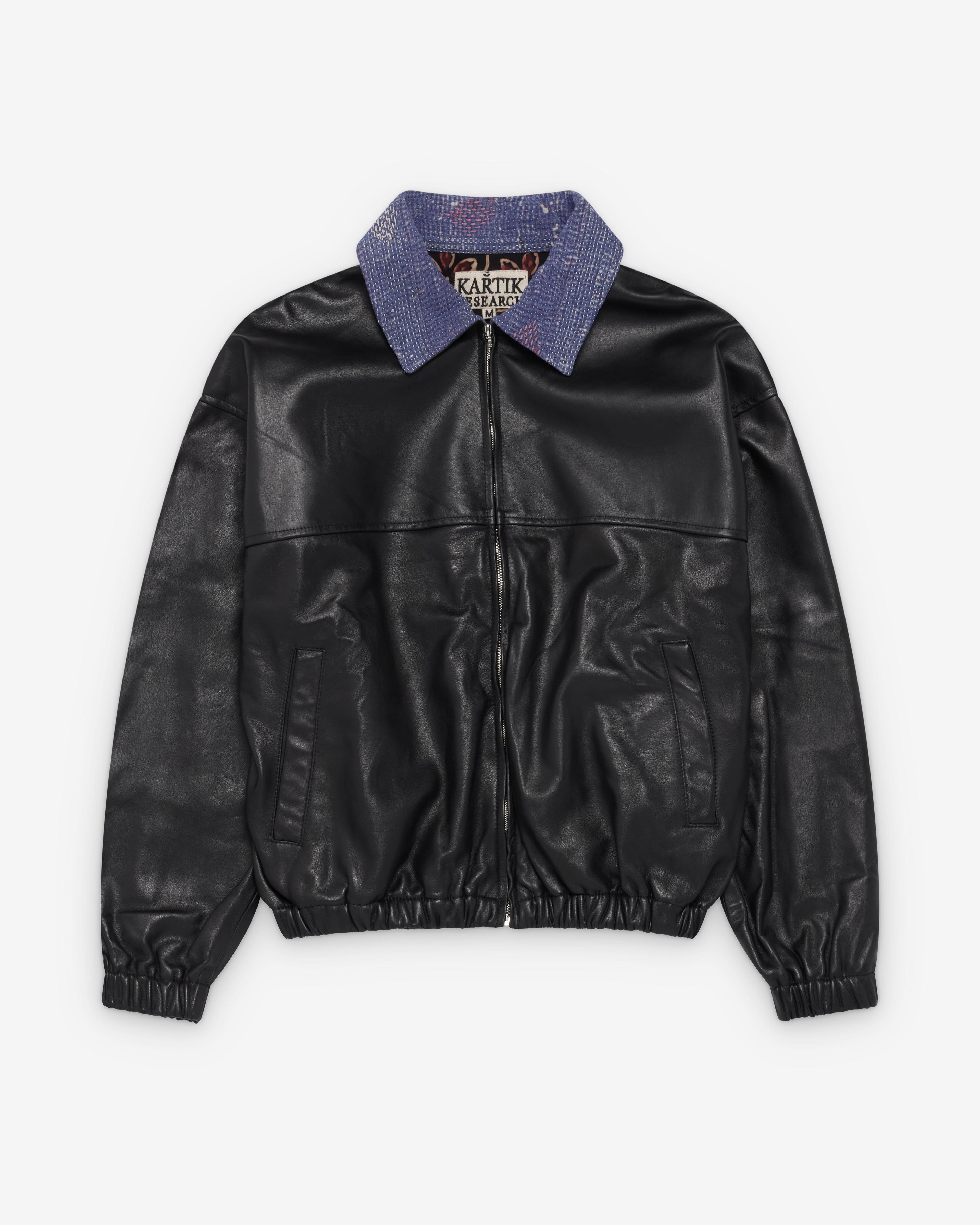Kartik Research - Men's Kantha Leather Bomber - (Black/Multi) by KARTIK RESEARCH