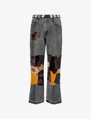 Manali Patchwork Bead-Embroidered Denim Trousers by KARTIK RESEARCH