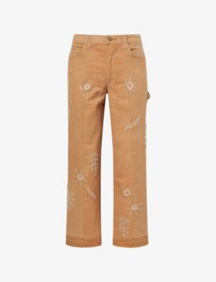Zardozi Bead-Embroidered Denim Work Trousers by KARTIK RESEARCH