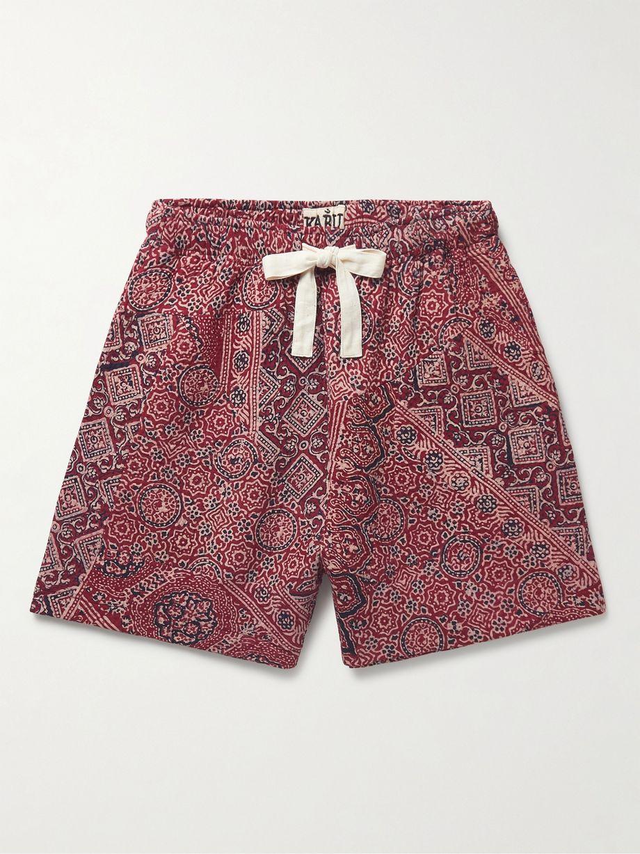 Straight-Leg Pleated Embroidered Printed Cotton Drawstring Shorts by KARU RESEARCH