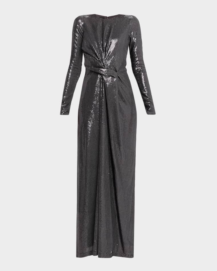 Long-Sleeve Draped Sequin Gown by KATE BARTON