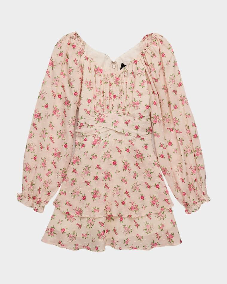 Girl's Swiss Dot Floral Puff-Sleeve Dress, Size S-XL by KATIEJ NYC