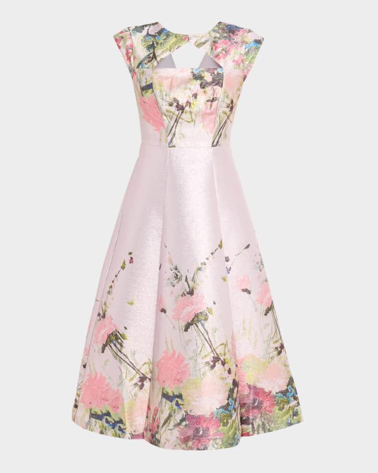 Augusta Floral-Print Metallic Mikado Midi Dress by KAY UNGER NEW YORK
