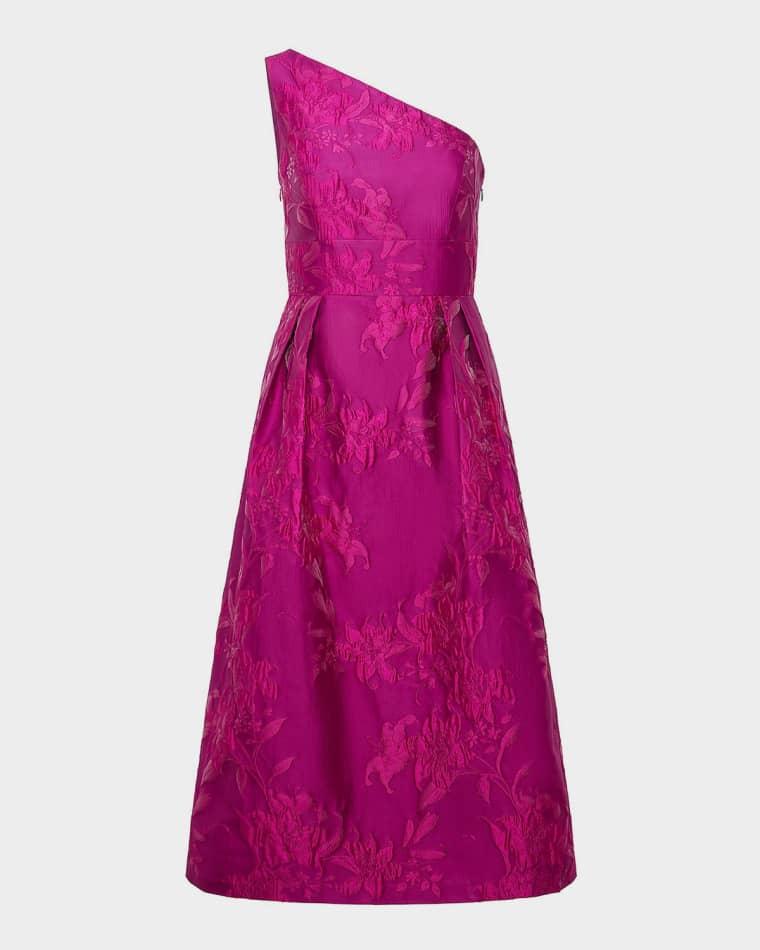 Dorrit One-Shoulder Tea-Length Jacquard Dress by KAY UNGER NEW YORK