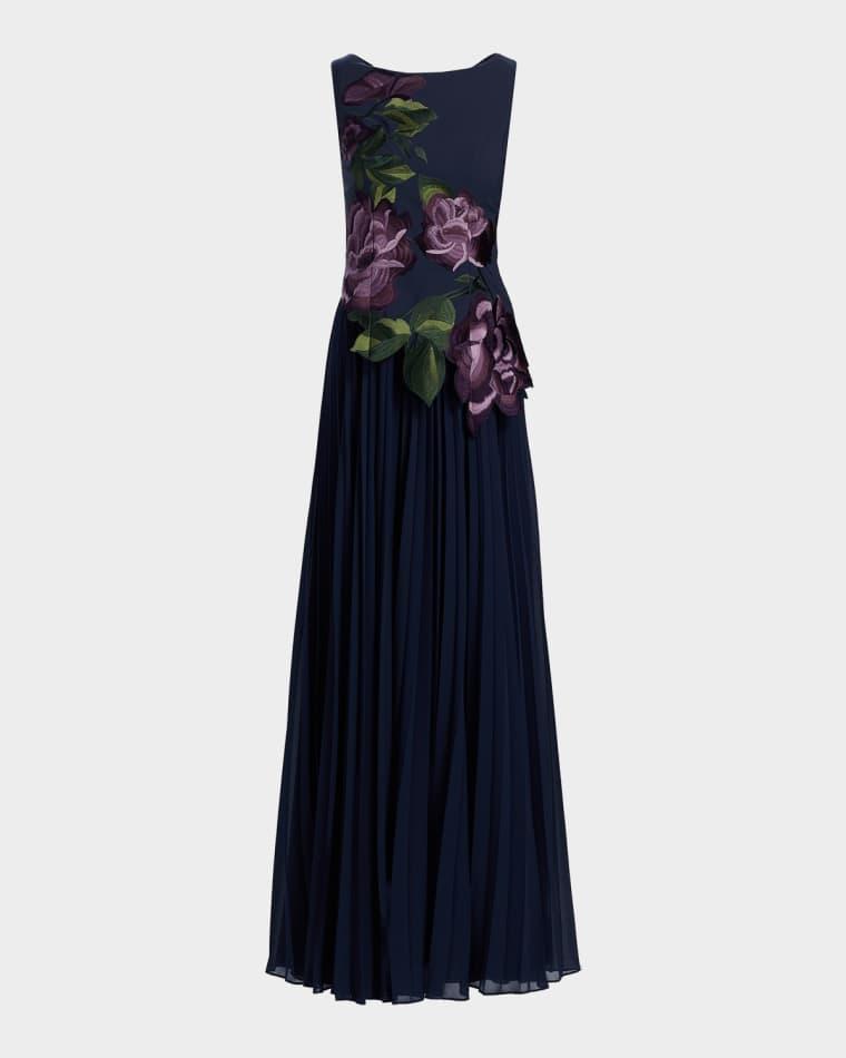 Jayla Floral-Embroidered Crepe & Chiffon Gown by KAY UNGER NEW YORK