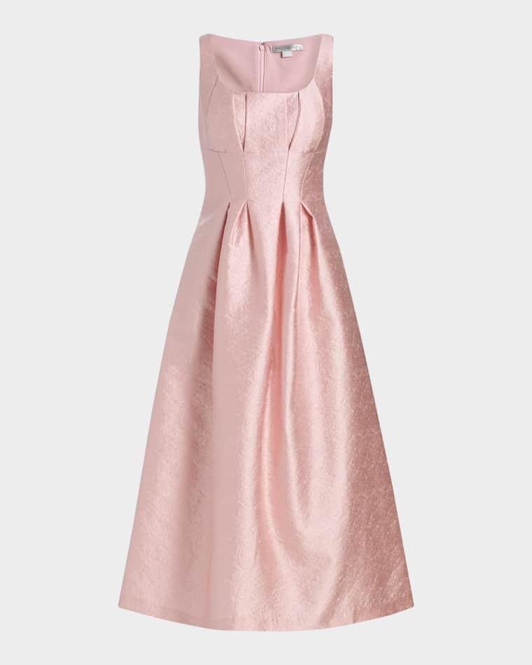 June Sleeveless Pleated Jacquard Midi Dress by KAY UNGER NEW YORK