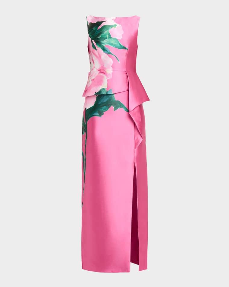 Luciana Floral-Print Mikado Column Gown by KAY UNGER NEW YORK