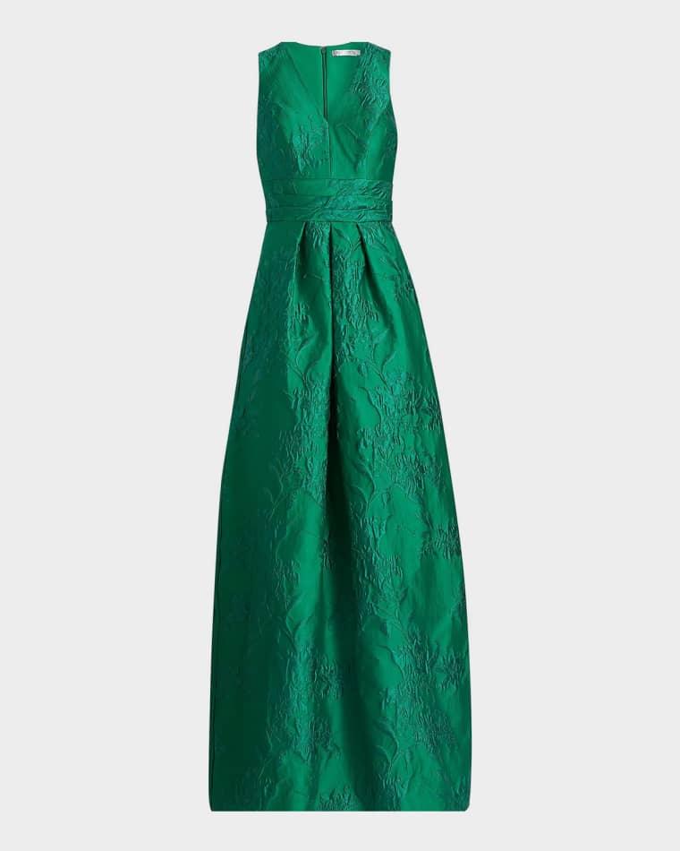 Mariah Pleated Jacquard Column Gown by KAY UNGER NEW YORK