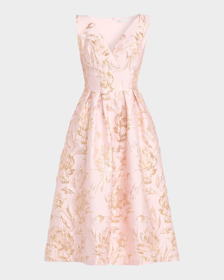 Saylor Pleated Floral Jacquard Midi Dress by KAY UNGER NEW YORK