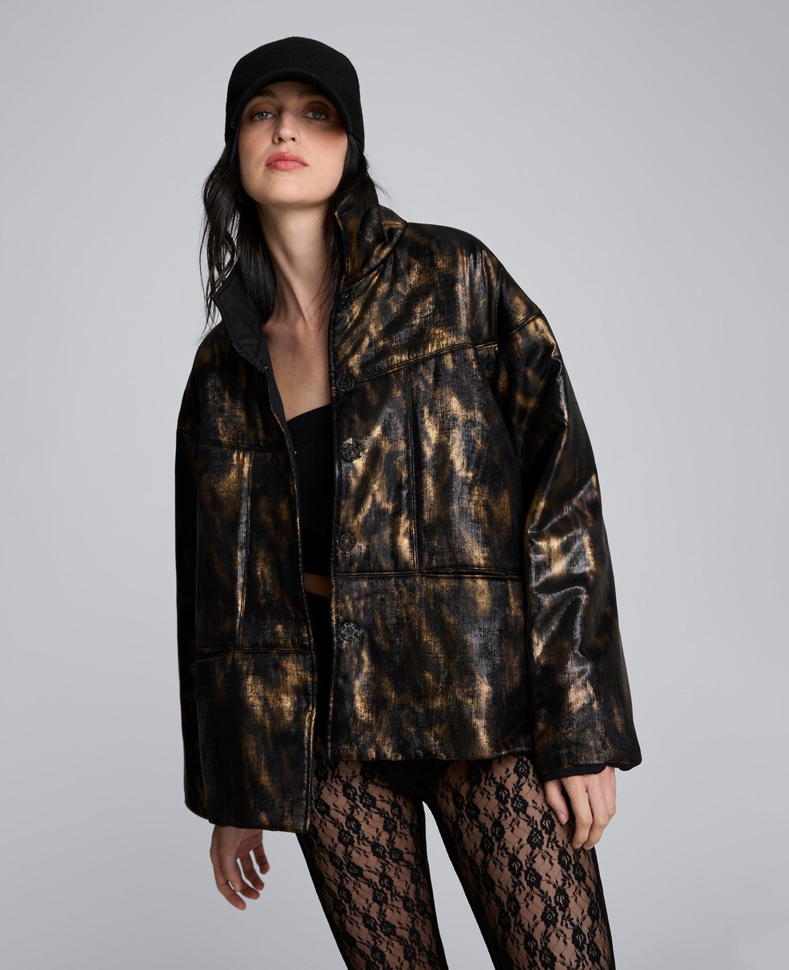 Kenneth Cole | Animal Foiled Satin Lightweight Seamed Puffer Jacket by KENNETH COLE