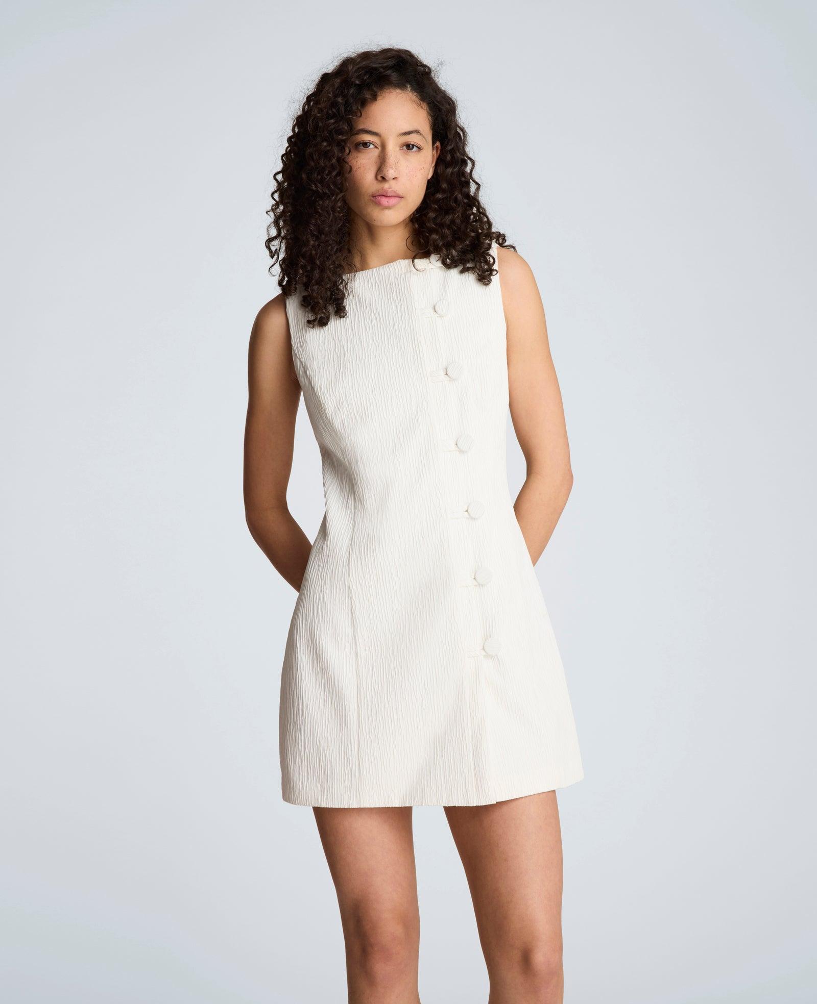 Kenneth Cole | Button Front Boat Neck Sheath Short Cotton Cloque Dress by KENNETH COLE