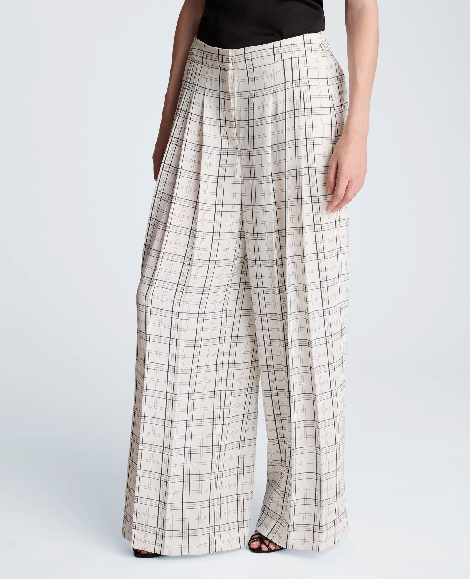 Kenneth Cole | High Rise Fly Front Wide Leg Triple Pleat Lined Plaid Pant by KENNETH COLE