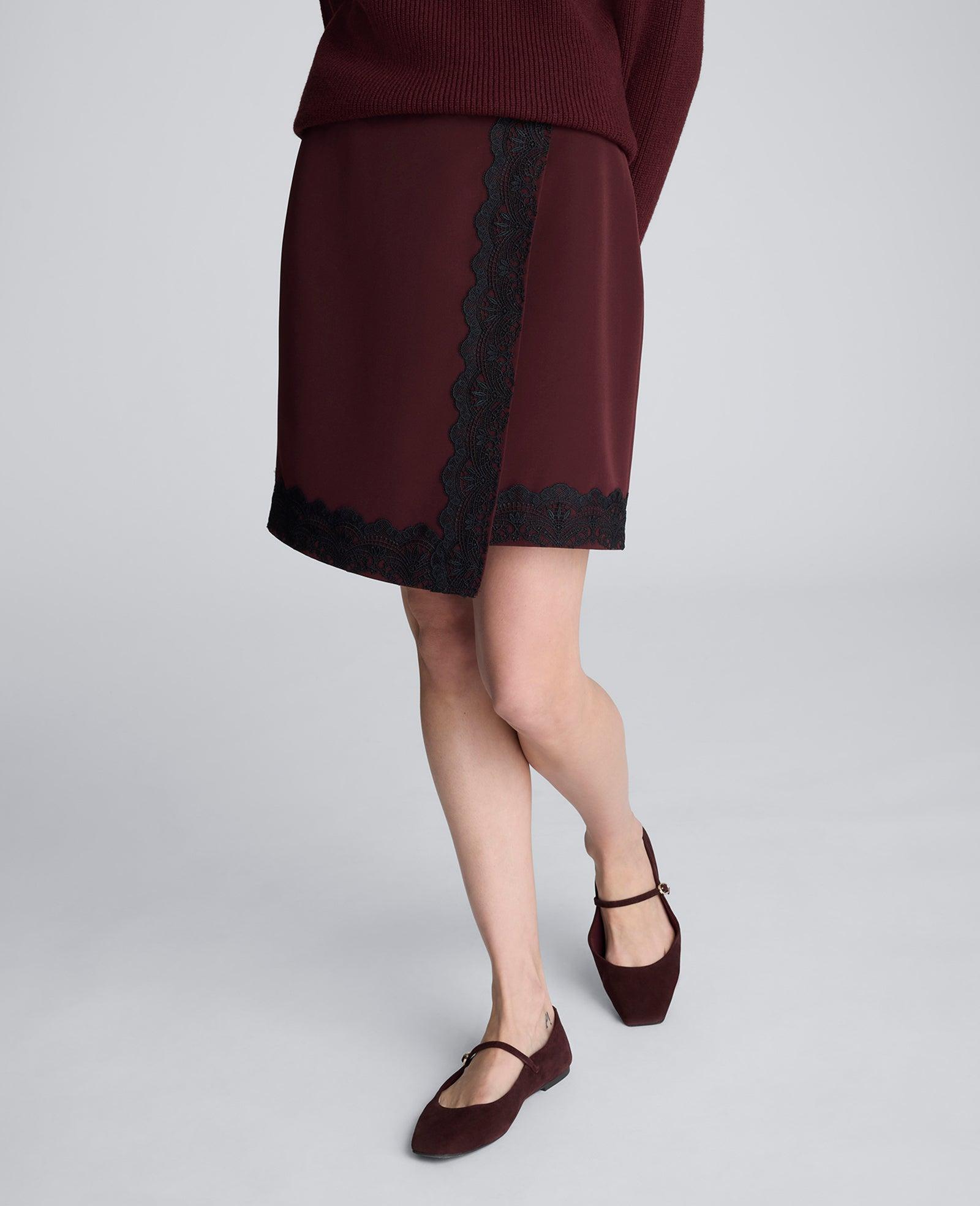 Kenneth Cole | Luxe Twill Faux Wrap Mini Skirt With Lace Trim by KENNETH COLE