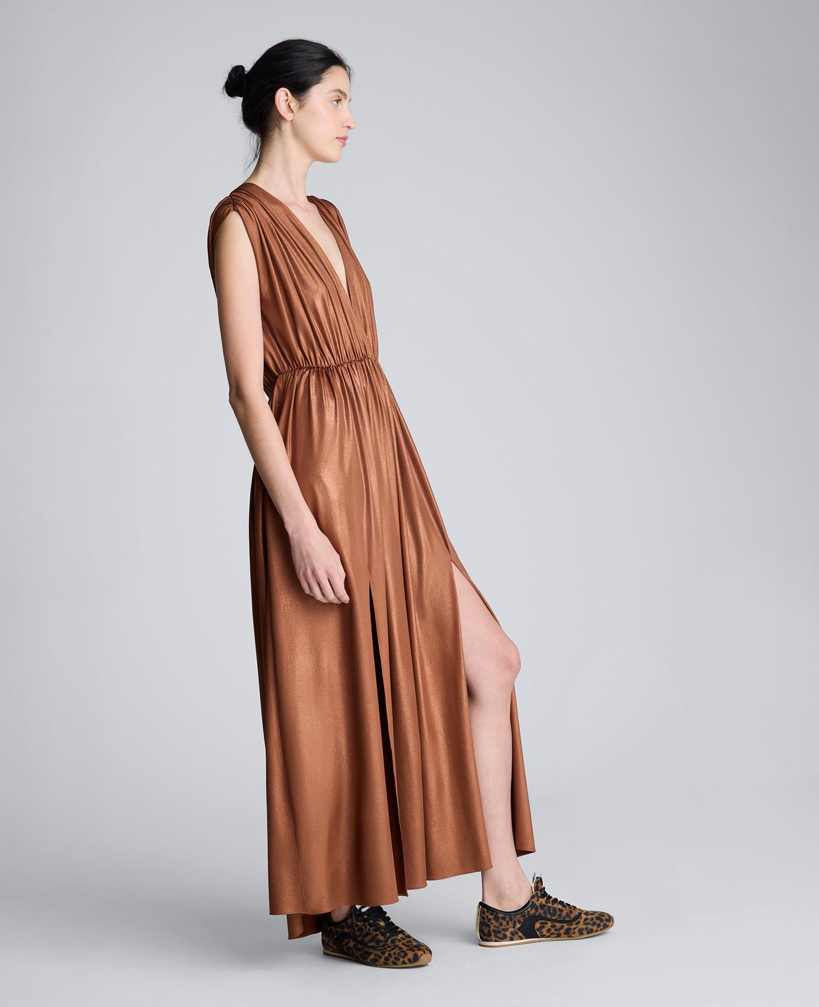 Kenneth Cole | Metallic Knit Deep V-Neck Gathered Maxi Dress by KENNETH COLE