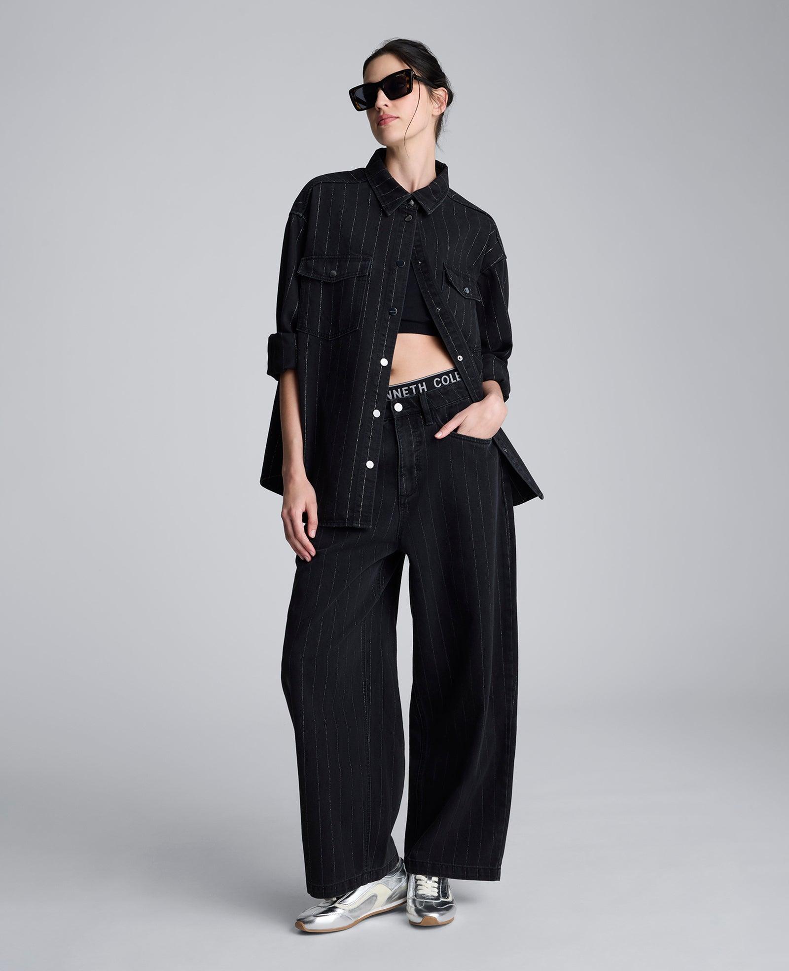 Kenneth Cole | Metallic Pinstripe Wide Leg High Rise Denim Jean by KENNETH COLE