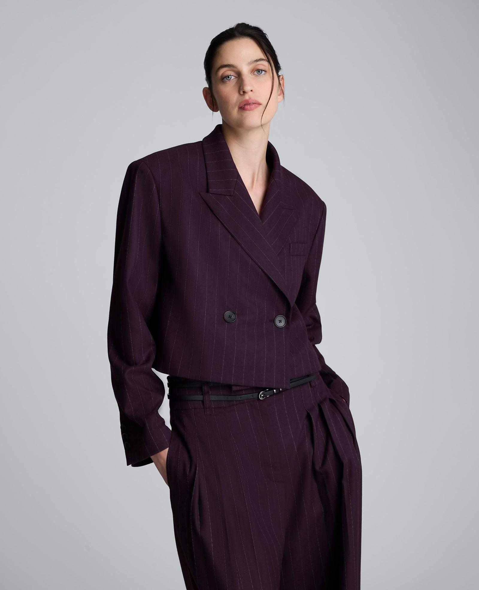 Kenneth Cole | Pinstripe Double Breasted Cropped Jacket by KENNETH COLE