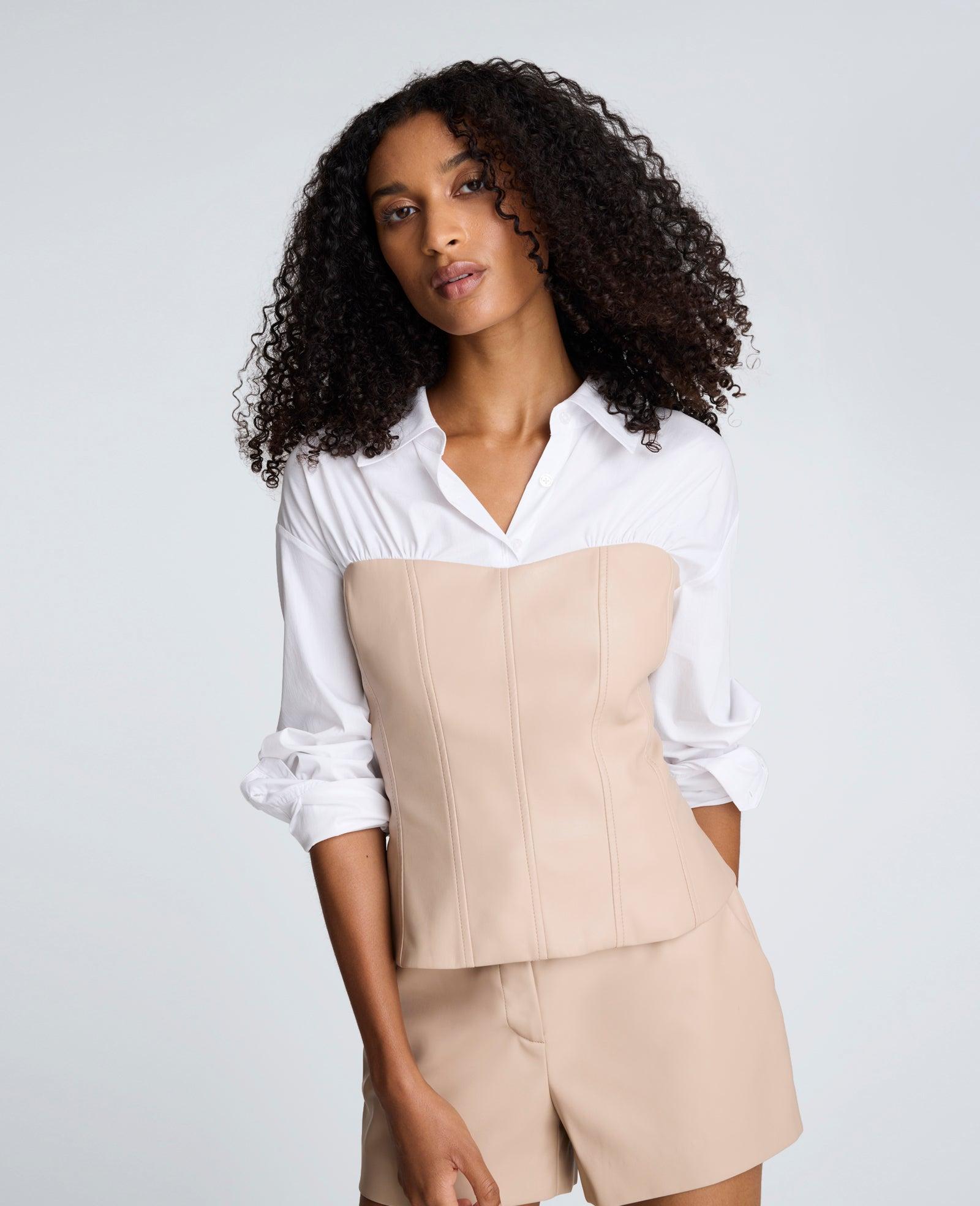 Kenneth Cole | Poplin Y-Neck Top With Vegan Leather Bustier by KENNETH COLE