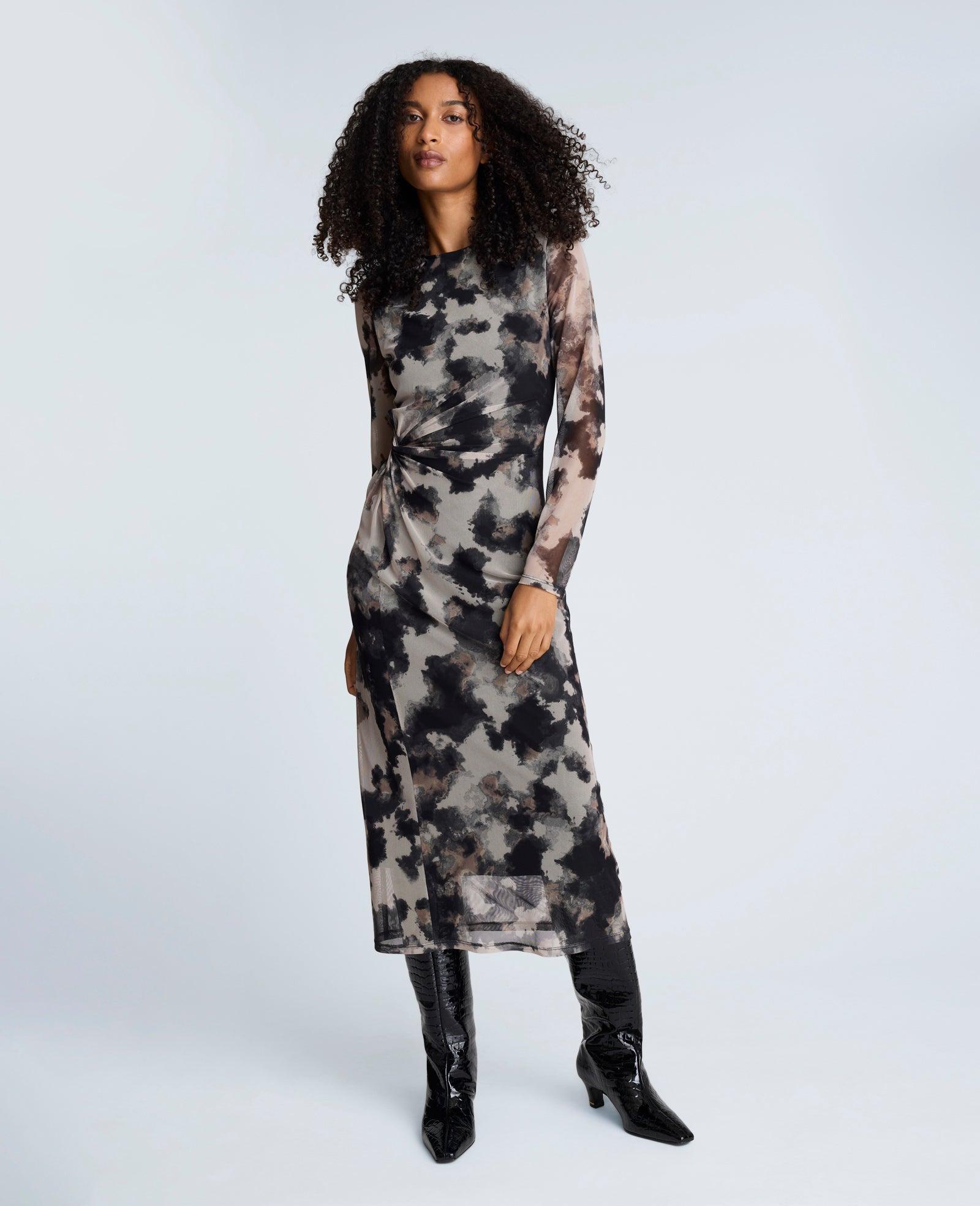 Kenneth Cole | Printed Mesh Knot Front Long Sleeve Midi Dress by KENNETH COLE