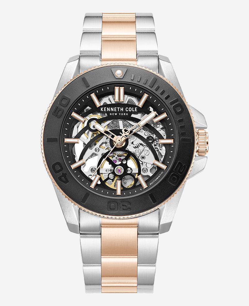 Kenneth Cole | Skeleton Automatic Black Contrast Dial Two Tone Bracelet Watch by KENNETH COLE
