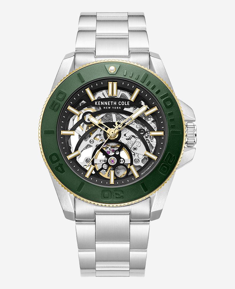 Kenneth Cole | Skeleton Automatic Green Contrast Dial Bracelet Watch by KENNETH COLE