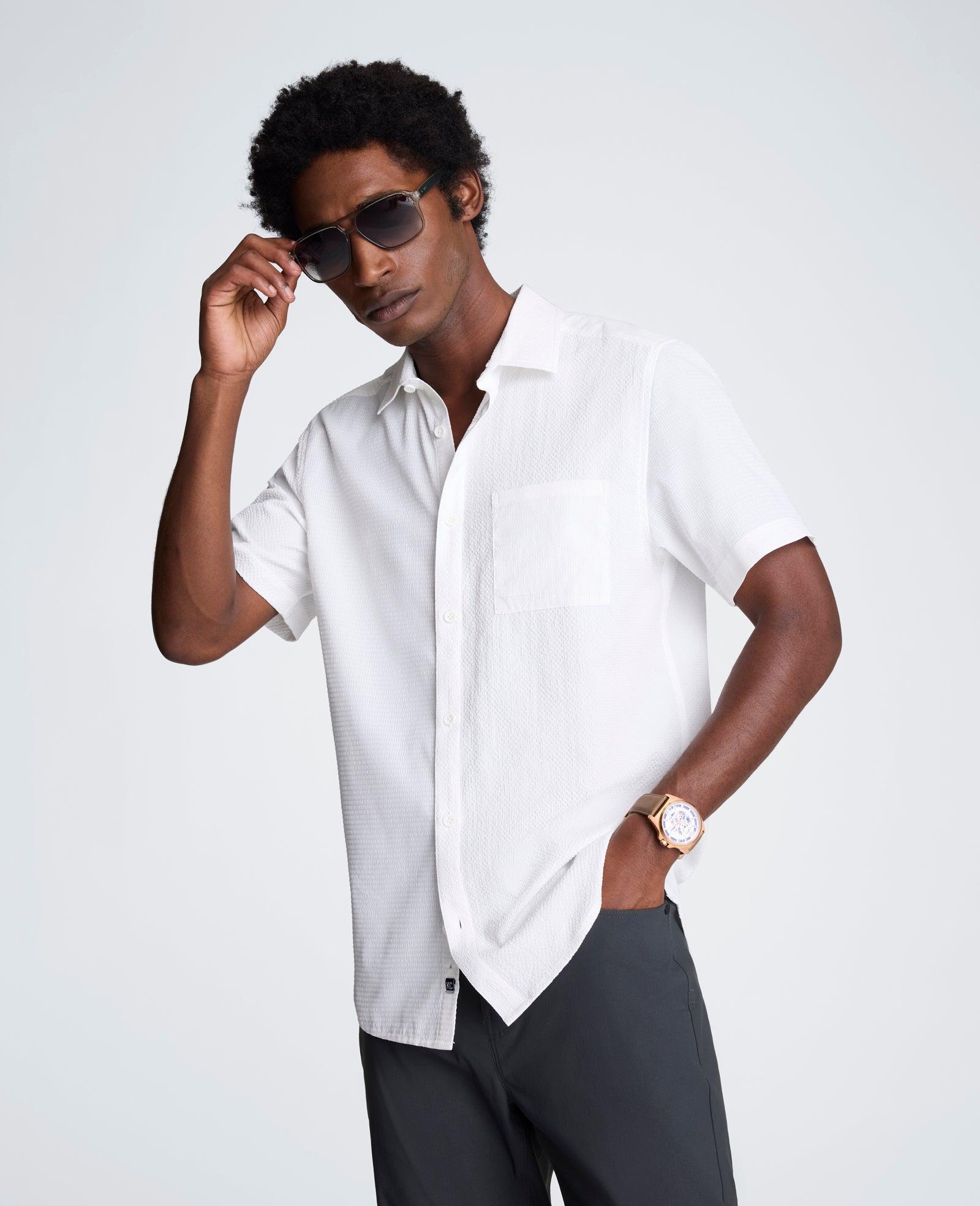 Kenneth Cole | Slim Fit Short-Sleeve Mixed-Media Sport Shirt by KENNETH COLE