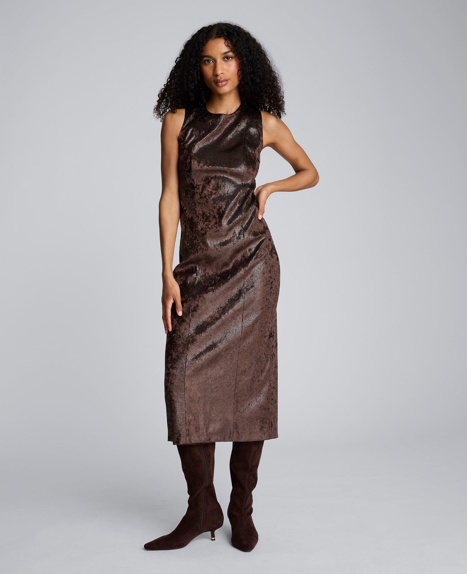 Kenneth Cole | Snake Skin Textured Velvet Crew Neck Sheath Midi Dress by KENNETH COLE
