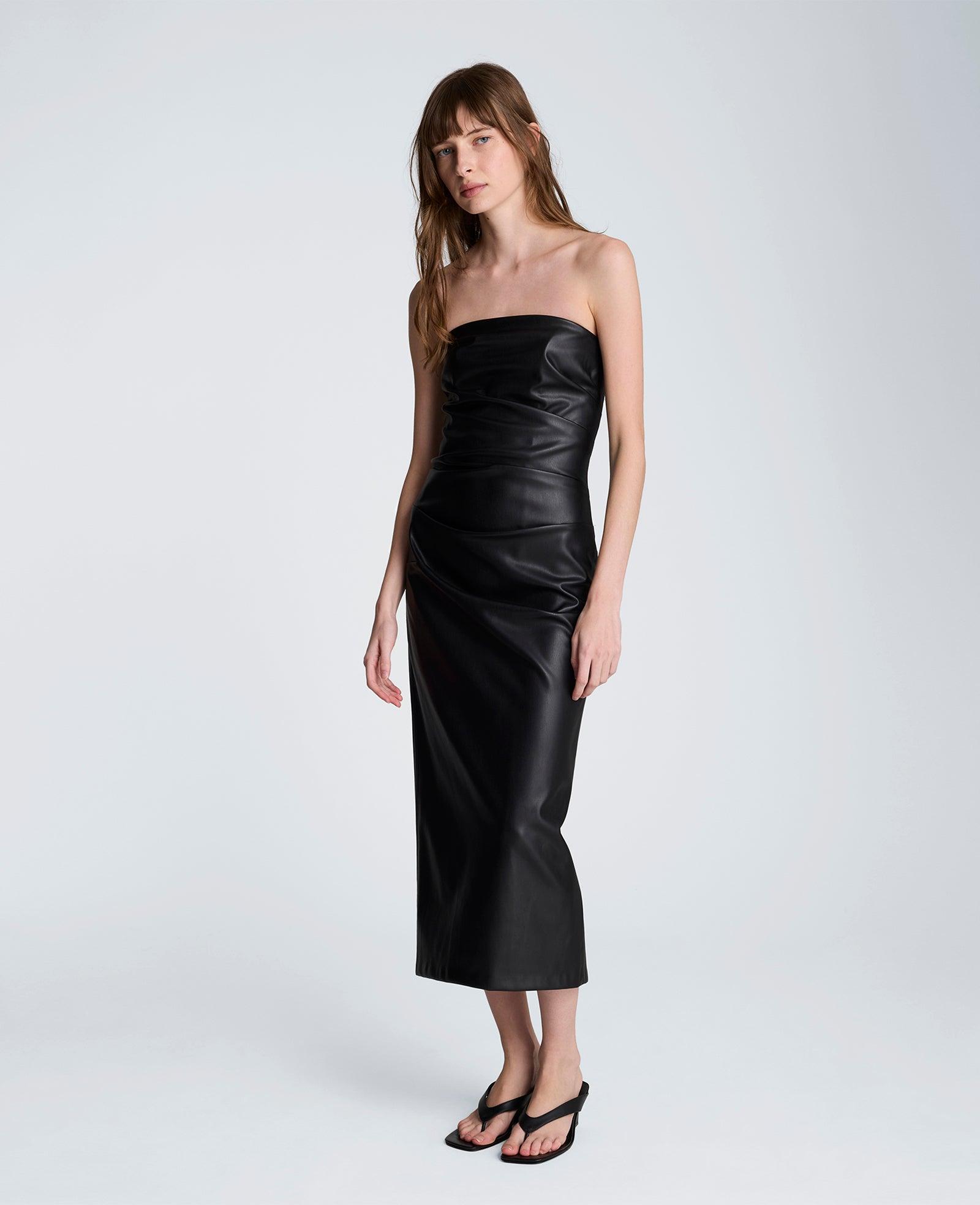 Kenneth Cole | Tucked Detail Midi Strapless Vegan Leather Dress by undefined