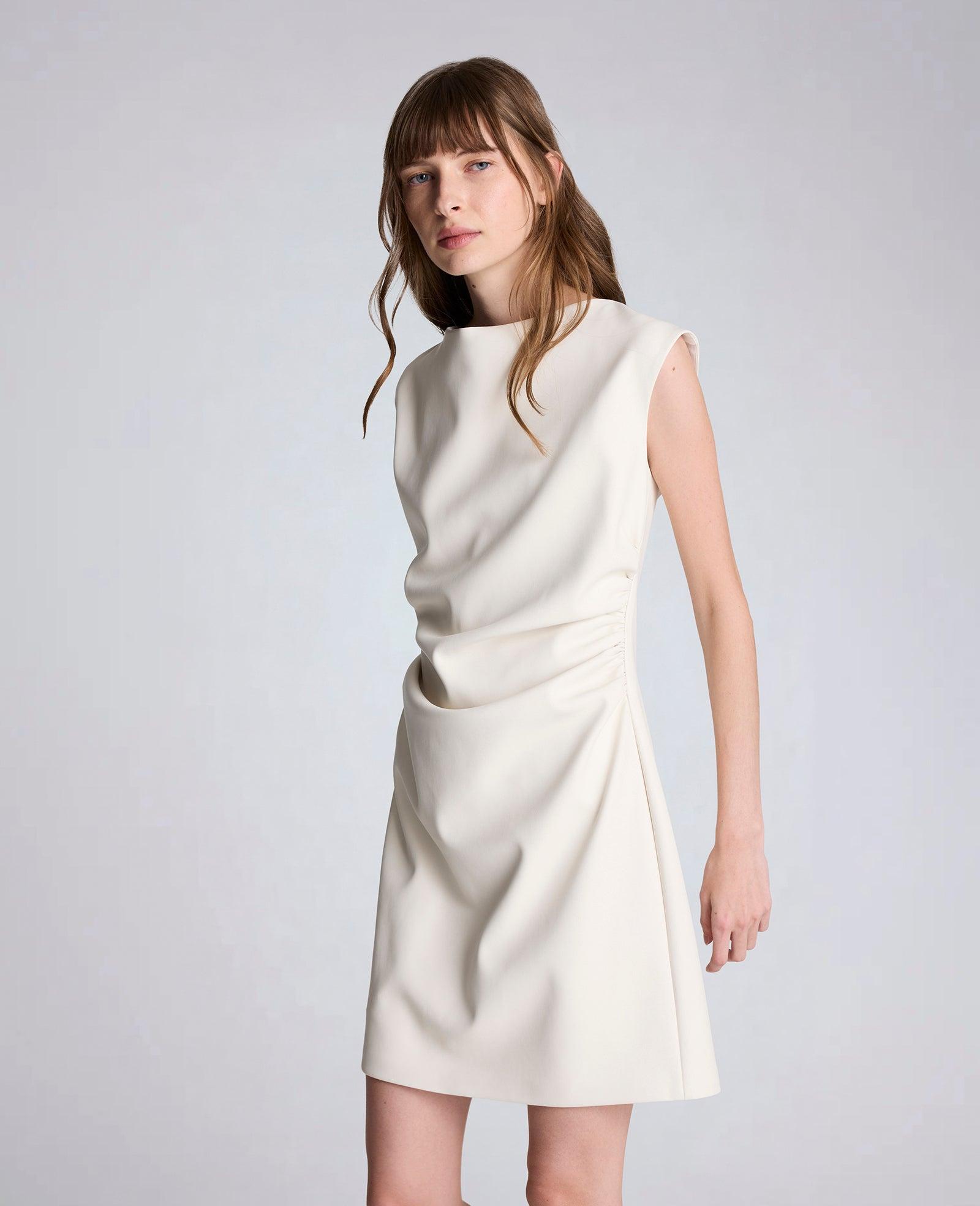 Kenneth Cole | Vegan Leather Boatneck Rouched Waist Short Dress by KENNETH COLE