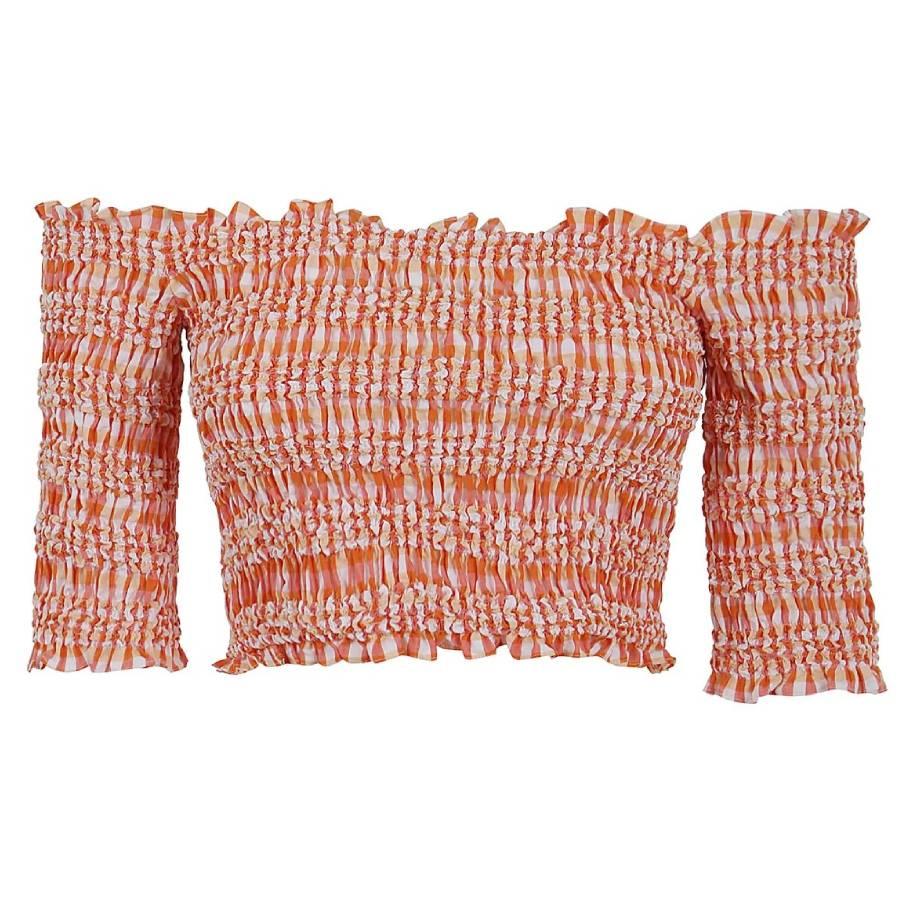 Kenzo Ladies Medium Orange Wavy Vichy Gingham Smocked Crop Top by KENZO
