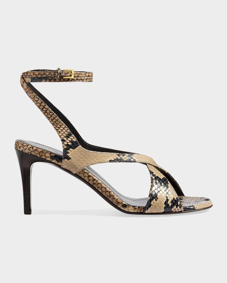 75mm Liria Snake-Embossed Leather Ankle-Strap Sandals by KHAITE