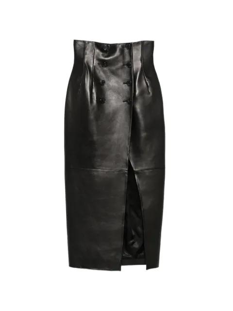 double-breasted leather midi skirt by KHAITE