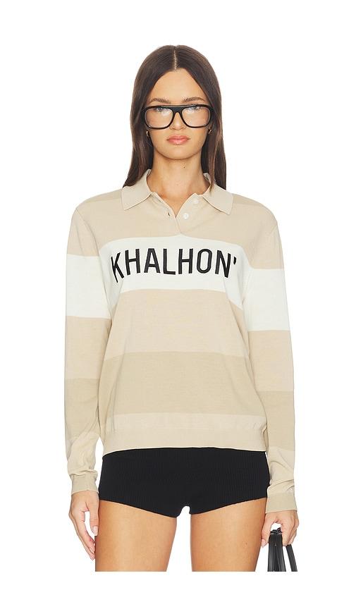 Khalhon Coastal Stripe Knit Polo Top in Beige by KHALHON