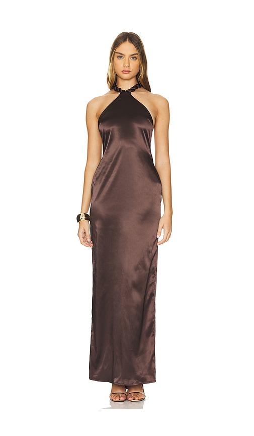Khanums Satin Halter Maxi Dress in Brown by KHANUMS