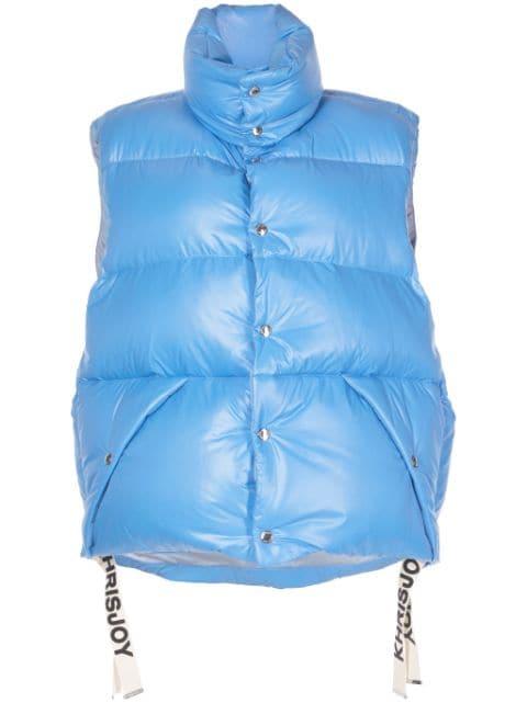 logo-tape shiny puffer gilet by KHRISJOY