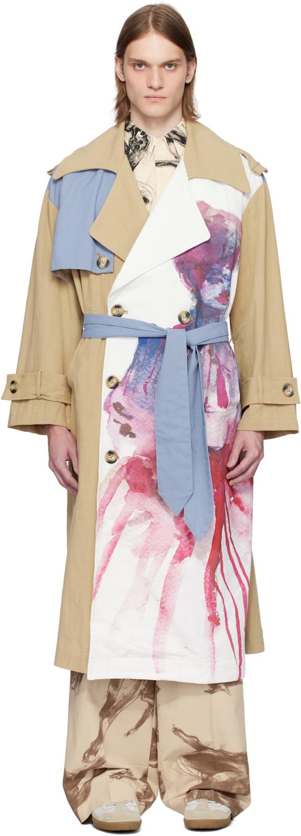 Beige & Off-White Painted Girl Trench Coat by KIDSUPER STUDIOS Beige & Off-White Painted Girl Trench Coat by KIDSUPER STUDIOS