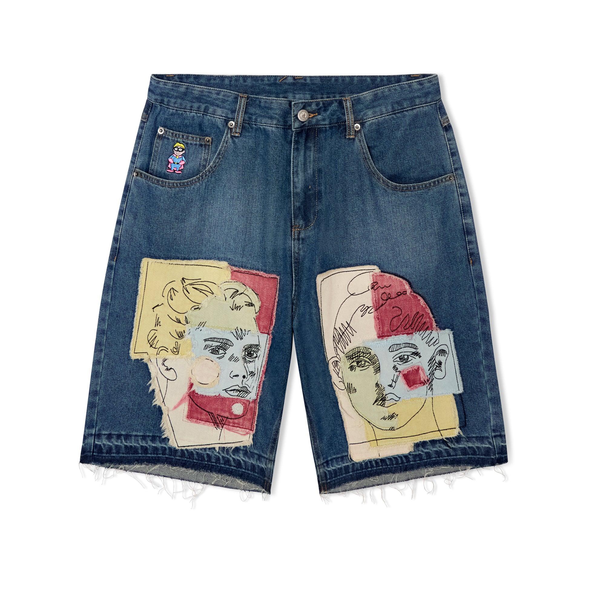 Boy & Girl Doodles Patchwork Baggy Shorts [Dark Wash] by KIDSUPER STUDIOS