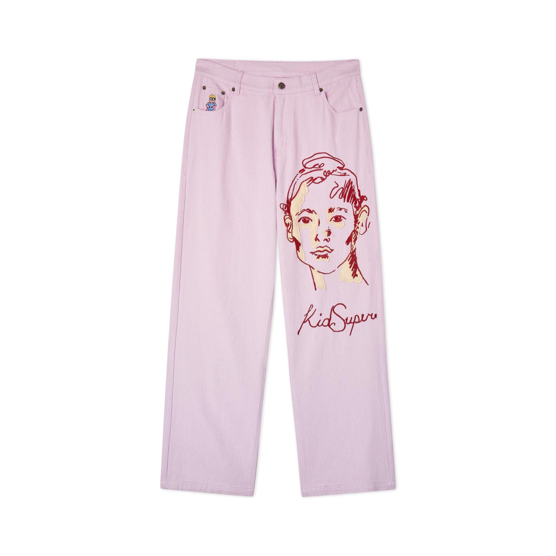 Embroidered Girl Face Denim Pants [Lavender] by KIDSUPER STUDIOS