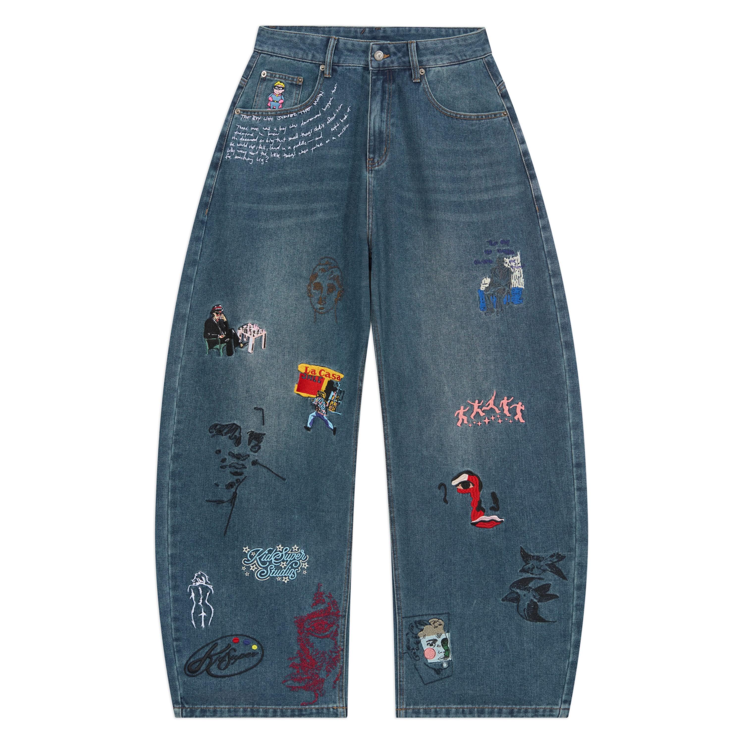 Embroidered Paintings Balloon Pants [Blue] by KIDSUPER STUDIOS