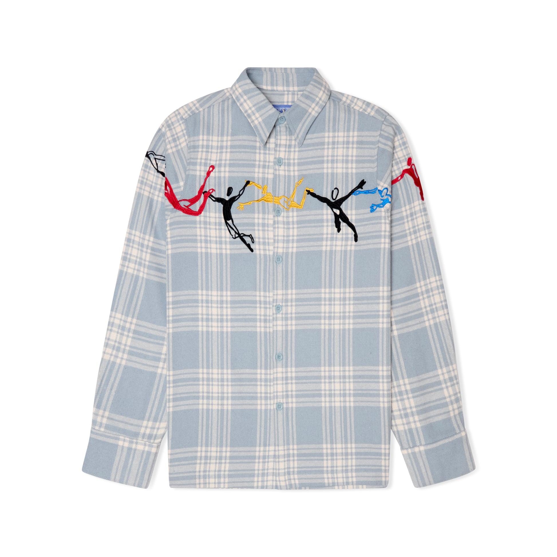 Embroidered Swinging Figures Flannel Shirt [Blue] by KIDSUPER STUDIOS