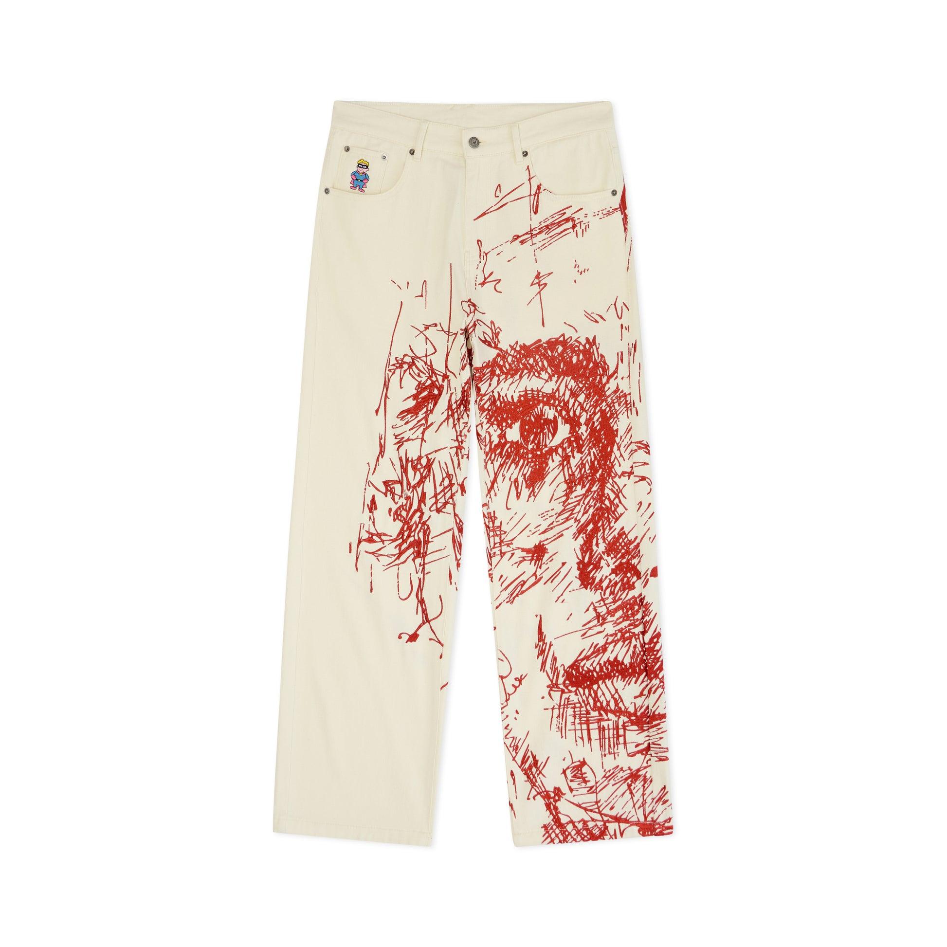 Embroidery Face Jeans [Red] by KIDSUPER STUDIOS