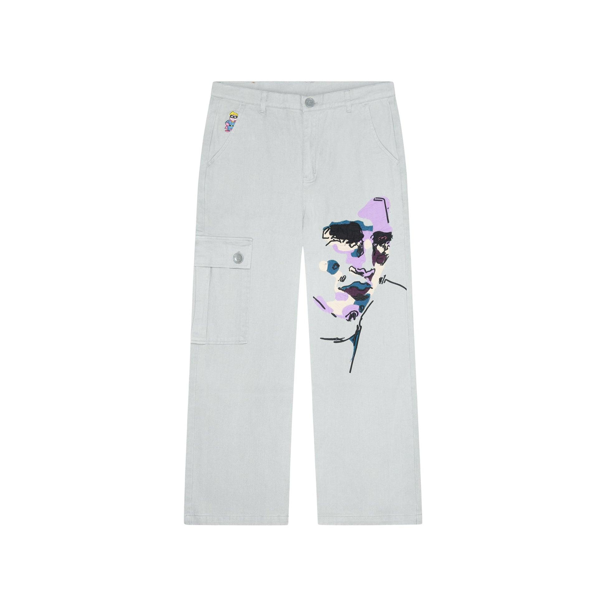 Face Embroidered Denim Pants [Grey] by KIDSUPER STUDIOS