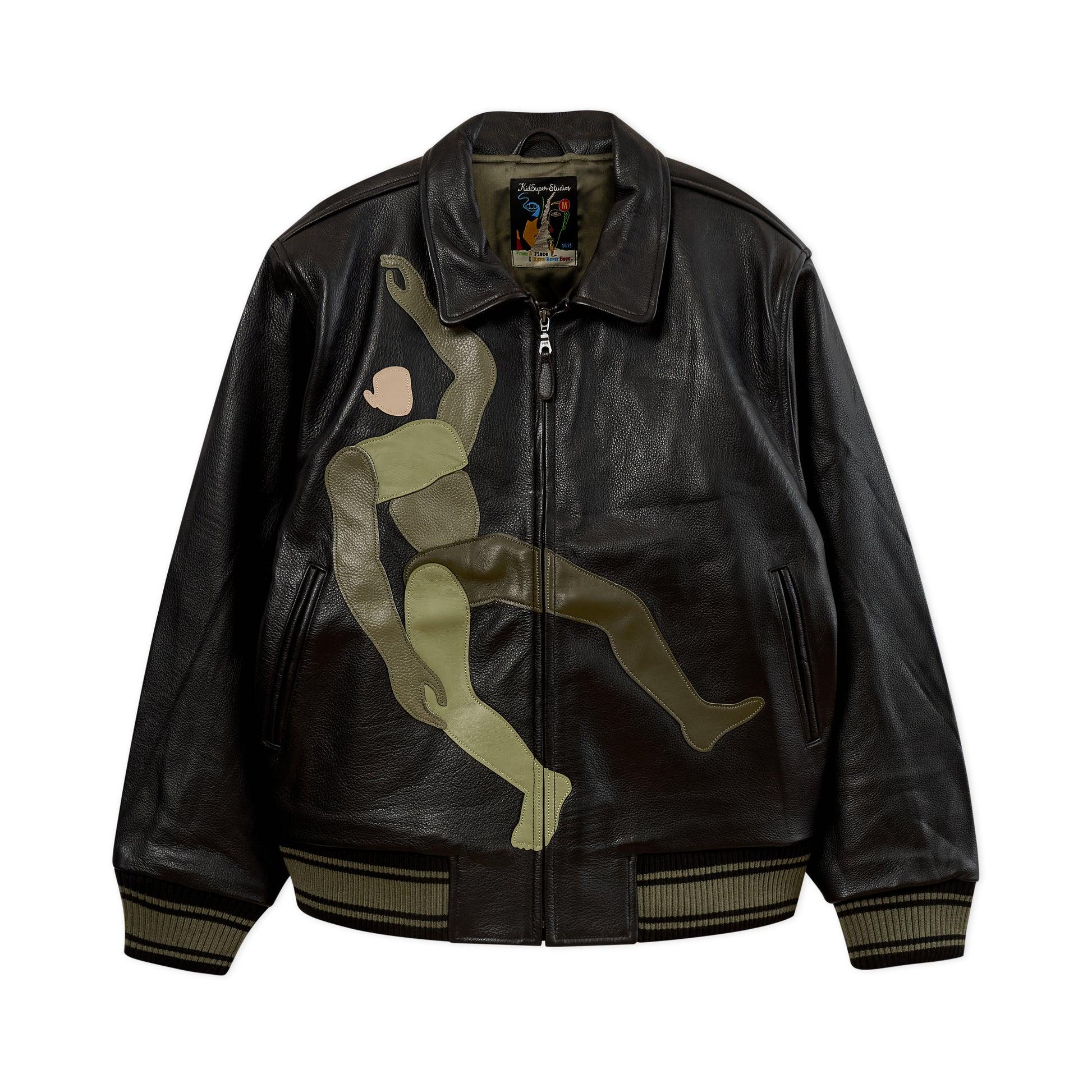 Falling Guy Soft Leather Varsity Jacket [Black] by KIDSUPER STUDIOS