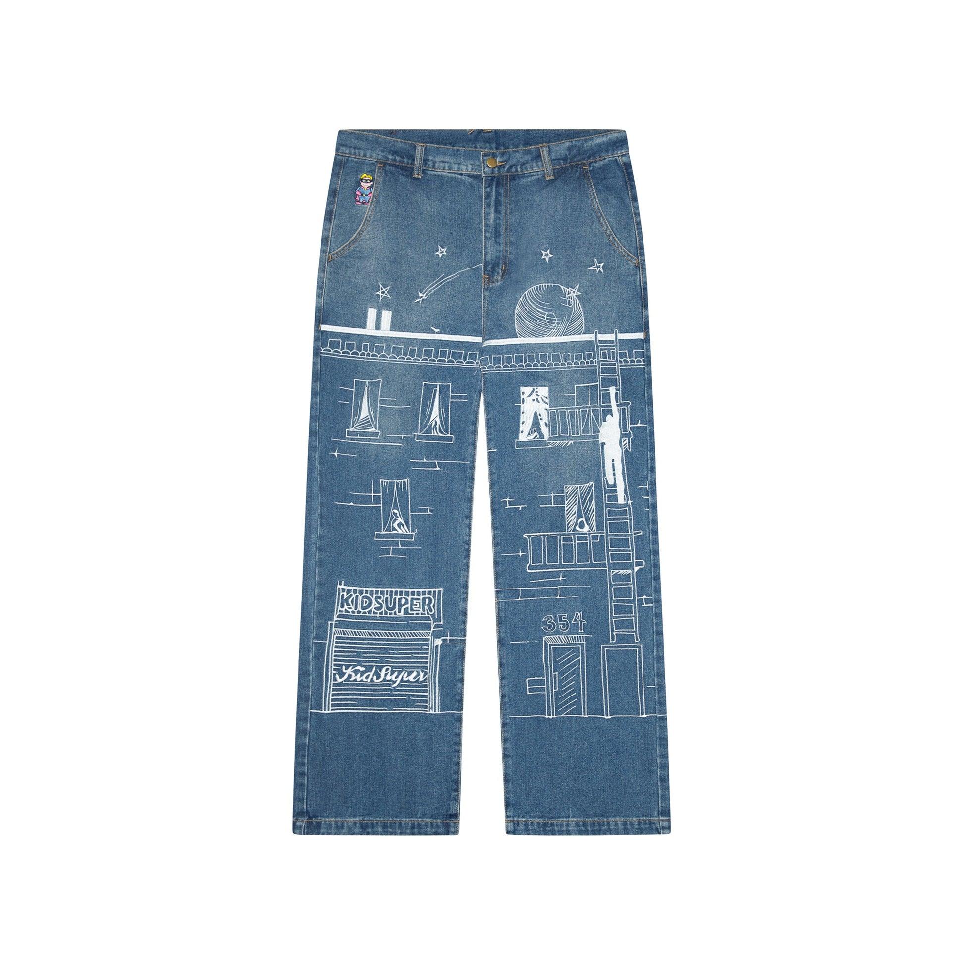 Fire Escape Embroidered Jeans by KIDSUPER STUDIOS