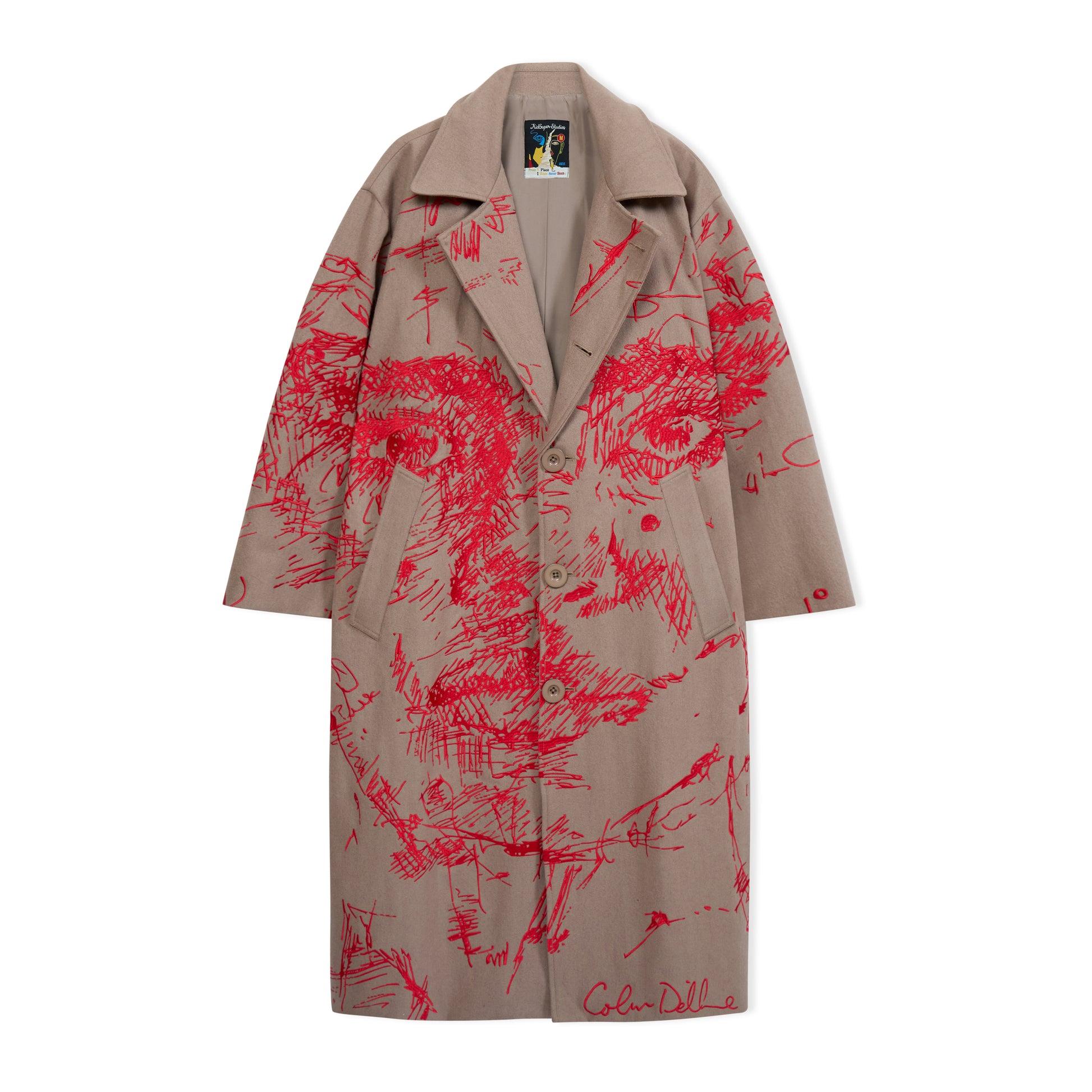 Hatched Embroidered Face Trench Coat [Cream] by KIDSUPER STUDIOS