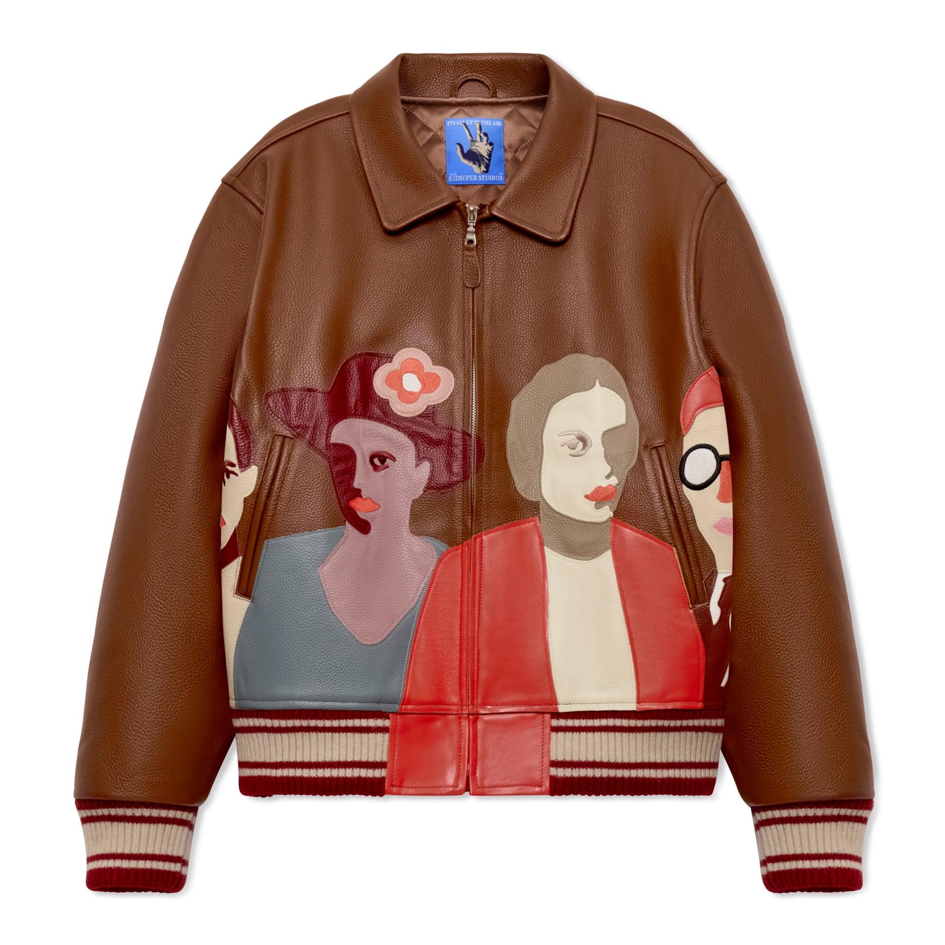 Patchwork Portraits Leather Varsity Jacket [Brown] by KIDSUPER STUDIOS