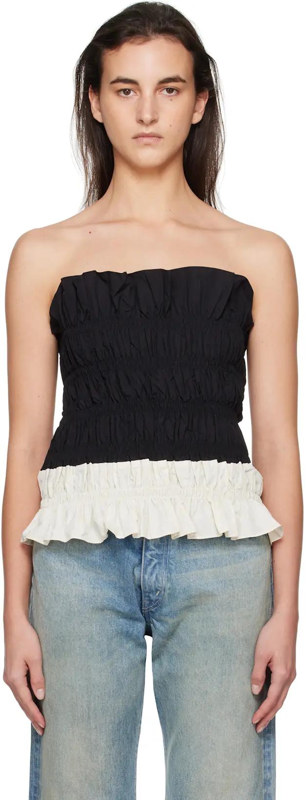 Black & Off-White Shirring Mono Tube Top by KIJUN
