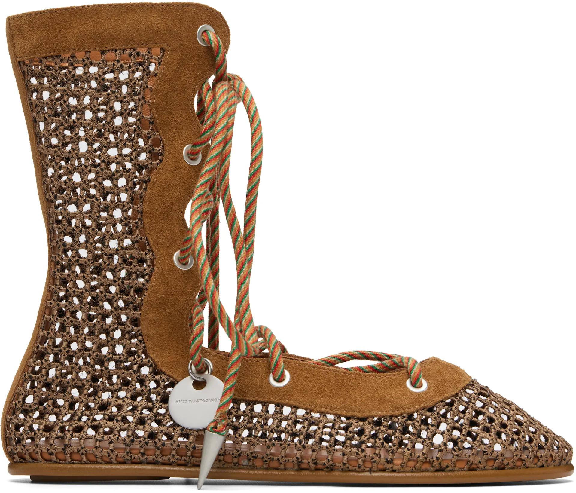 Brown Reticella Lace Up Ballerina Flats by KIKO KOSTADINOV