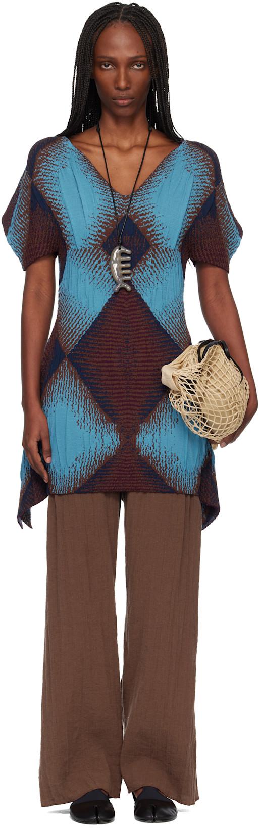 Brown & Blue Ikat Argyle Jacquard Minidress by KIKO KOSTADINOV
