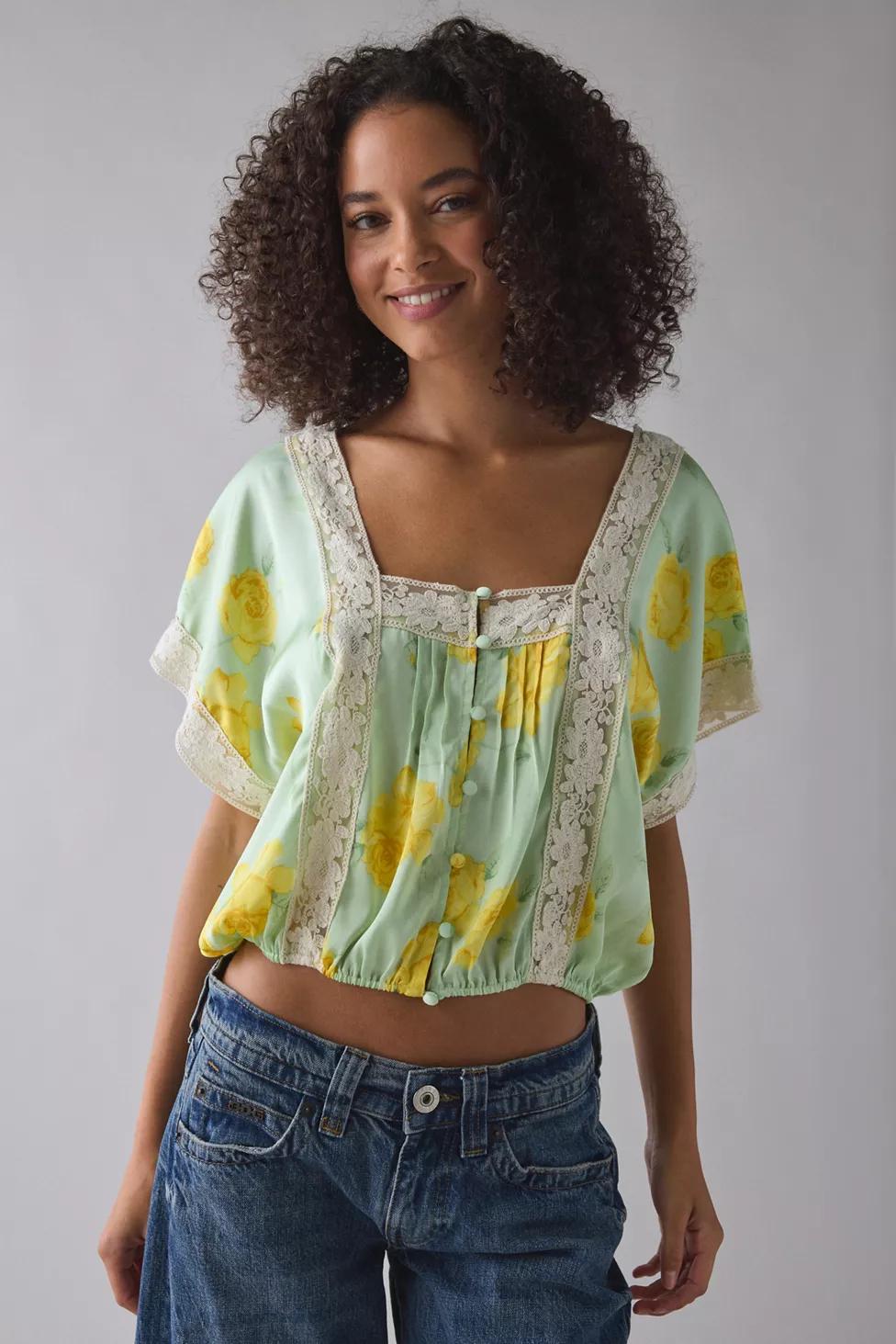 Kimchi Blue Ada Short Sleeve Lace Trim Satin Blouse by KIMCHI BLUE