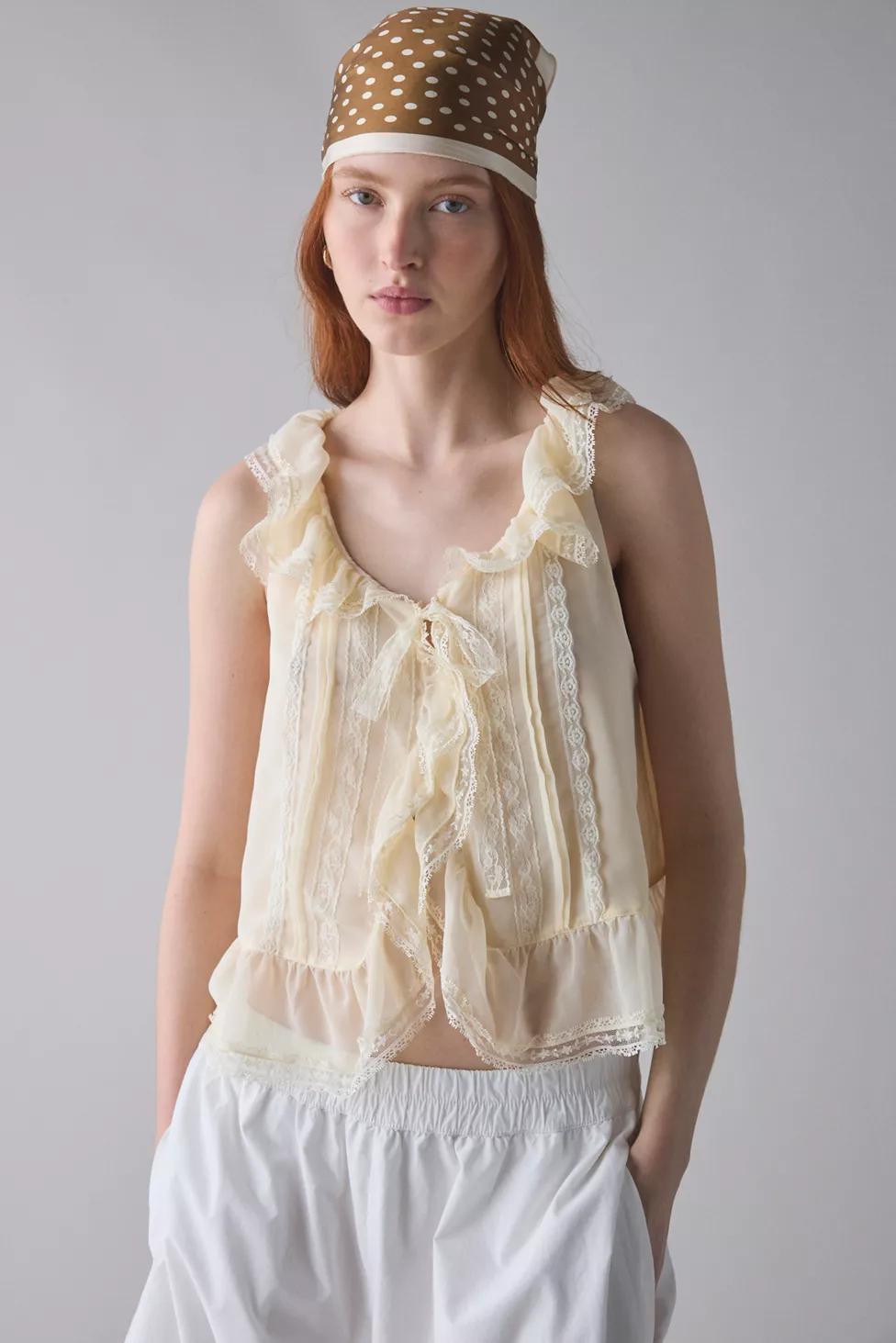 Kimchi Blue Cassie Cascading Ruffle Lace Trim Sleeveless Blouse by KIMCHI BLUE Kimchi Blue Cassie Cascading Ruffle Lace Trim Sleeveless Blouse by KIMCHI BLUE